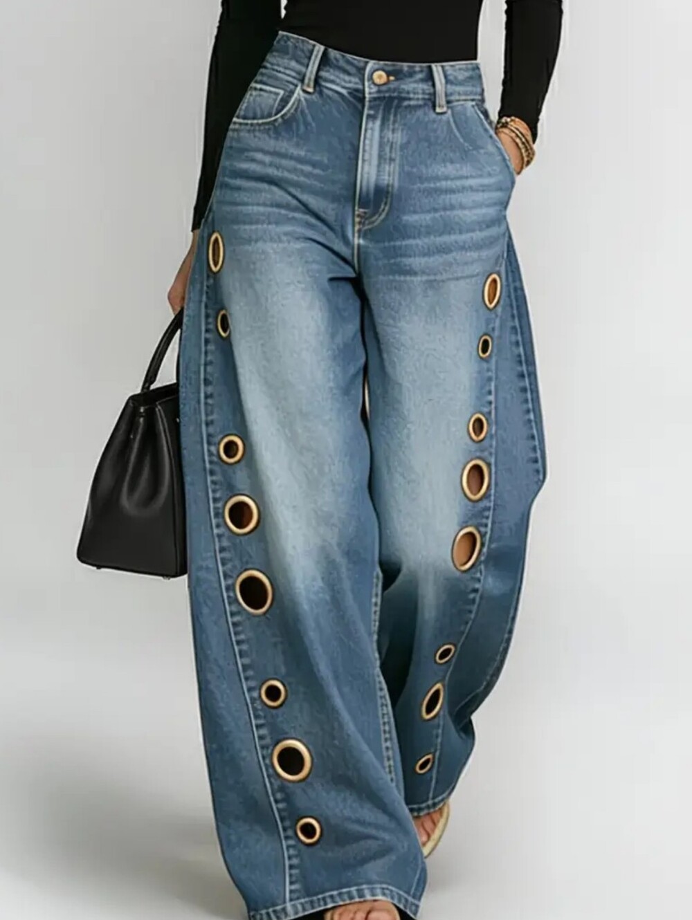 Wide-Leg Blue Denim Jeans with Grommet Detailing